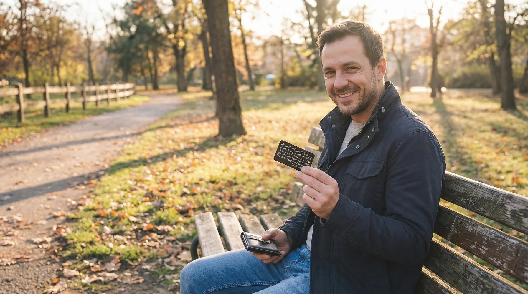 A man sitting on a park bench smiling as he holds a laser-engraved metal wallet card