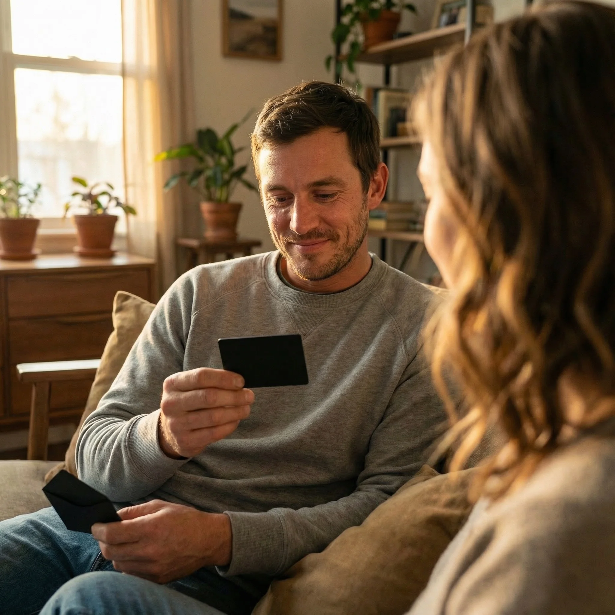 A happy customer holding their engraved wallet card